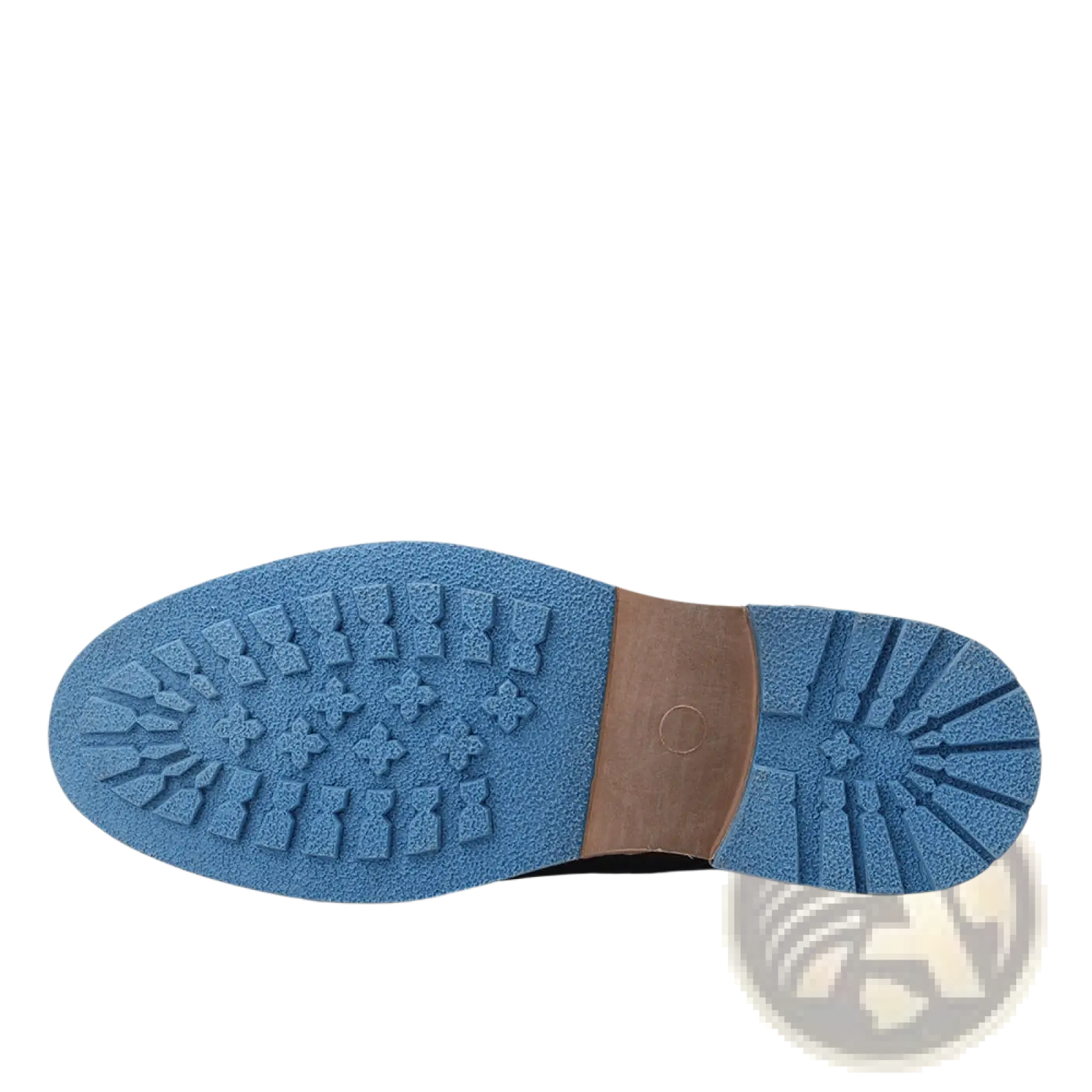 Men’s leather cap toe retro business casual shoes with a blue rubber sole and brown heel counter visible from the back