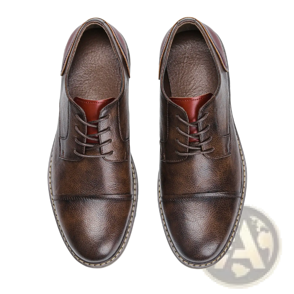 Men’s brown leather cap toe retro business casual shoes with reddish brown lining and contrasting stitching