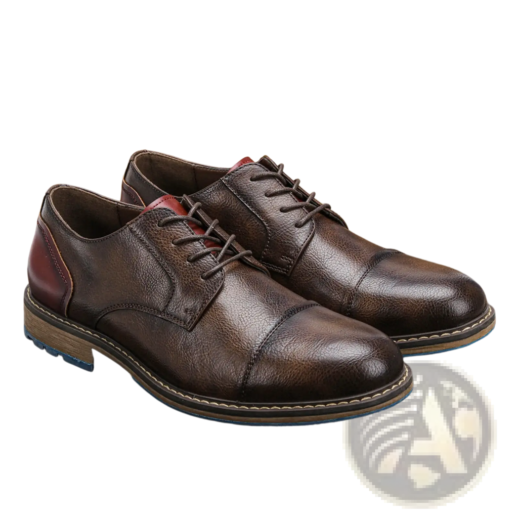 Men’s leather cap toe retro business casual shoes in brown with reddish-brown heel panel and light blue soles shown from back