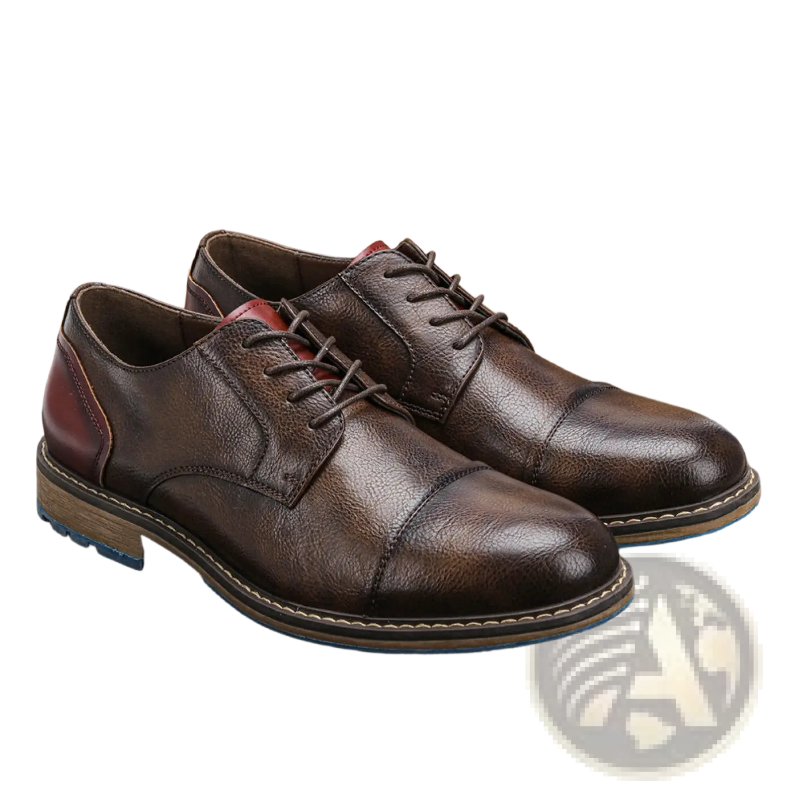 Men’s leather cap toe retro business casual shoes in brown with reddish-brown heel panel and light blue soles shown from back
