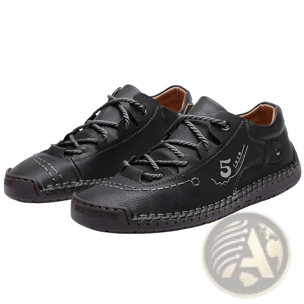 Men’s black leather casual lace up British shoes with textured toe cap and stitched detailing along the sole