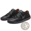 Men’s black leather casual lace up British shoes with textured toe cap and stitched detailing along the sole