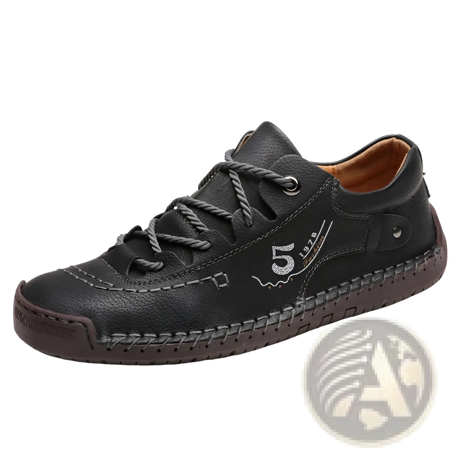 Men’s black leather casual lace up British shoe with gray rope laces and stitched side design