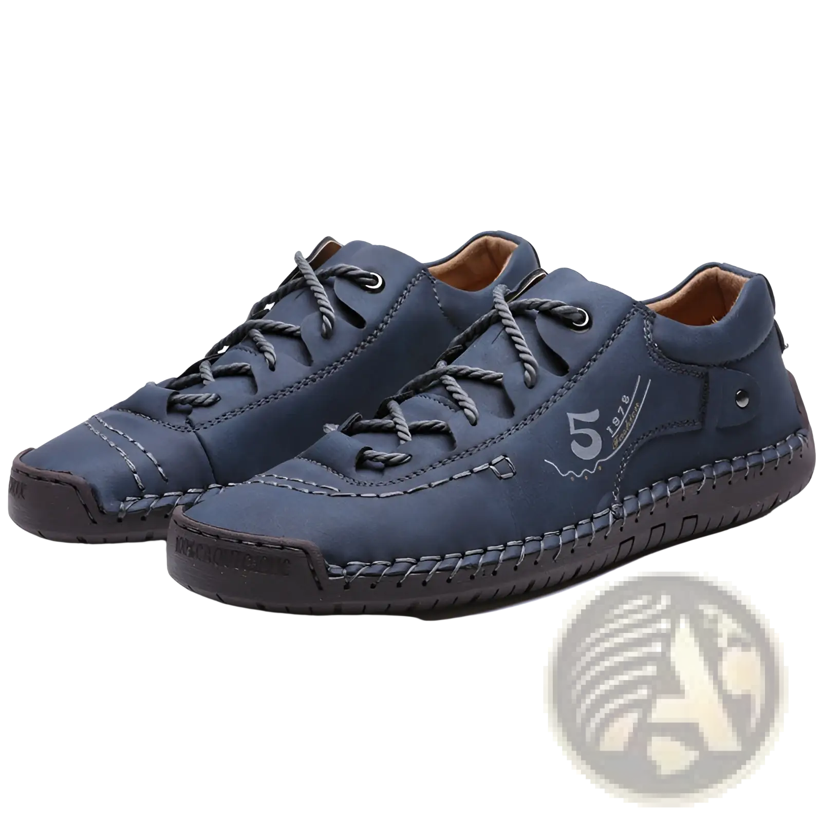 Men’s dark blue leather casual lace-up British shoes with visible stitching and a subtle side logo