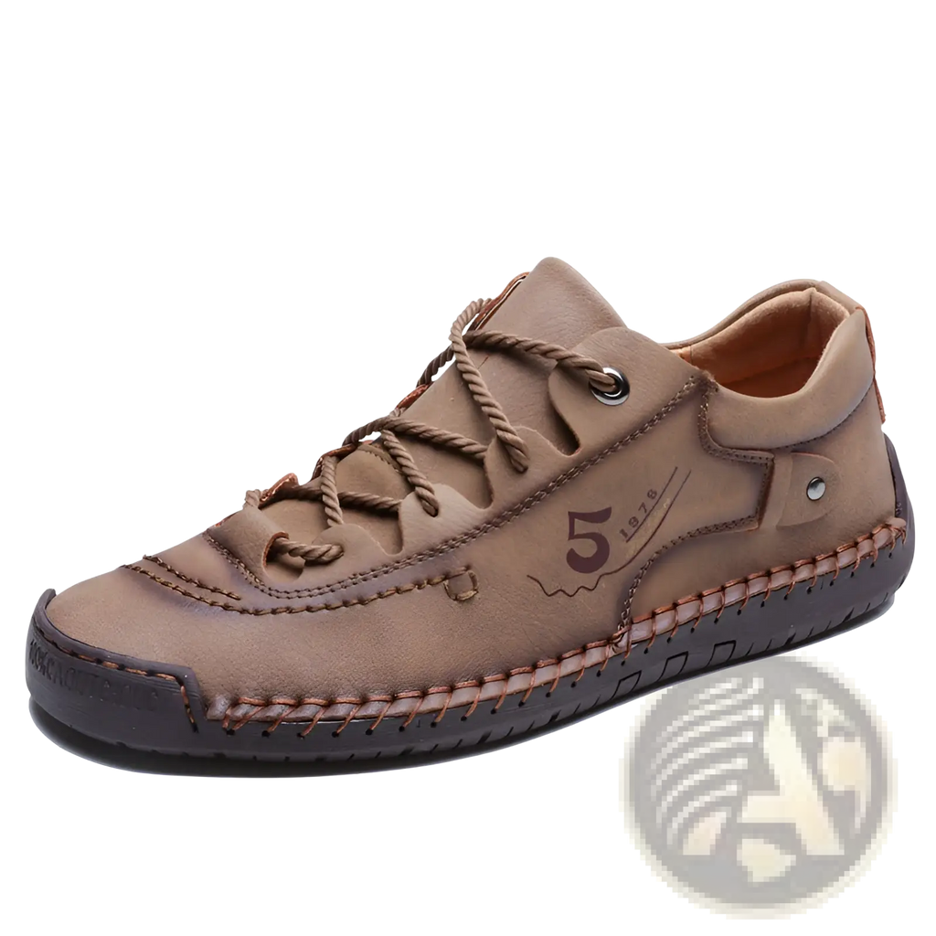 Men’s brown leather casual lace-up British shoes with visible stitching and dark rubber sole
