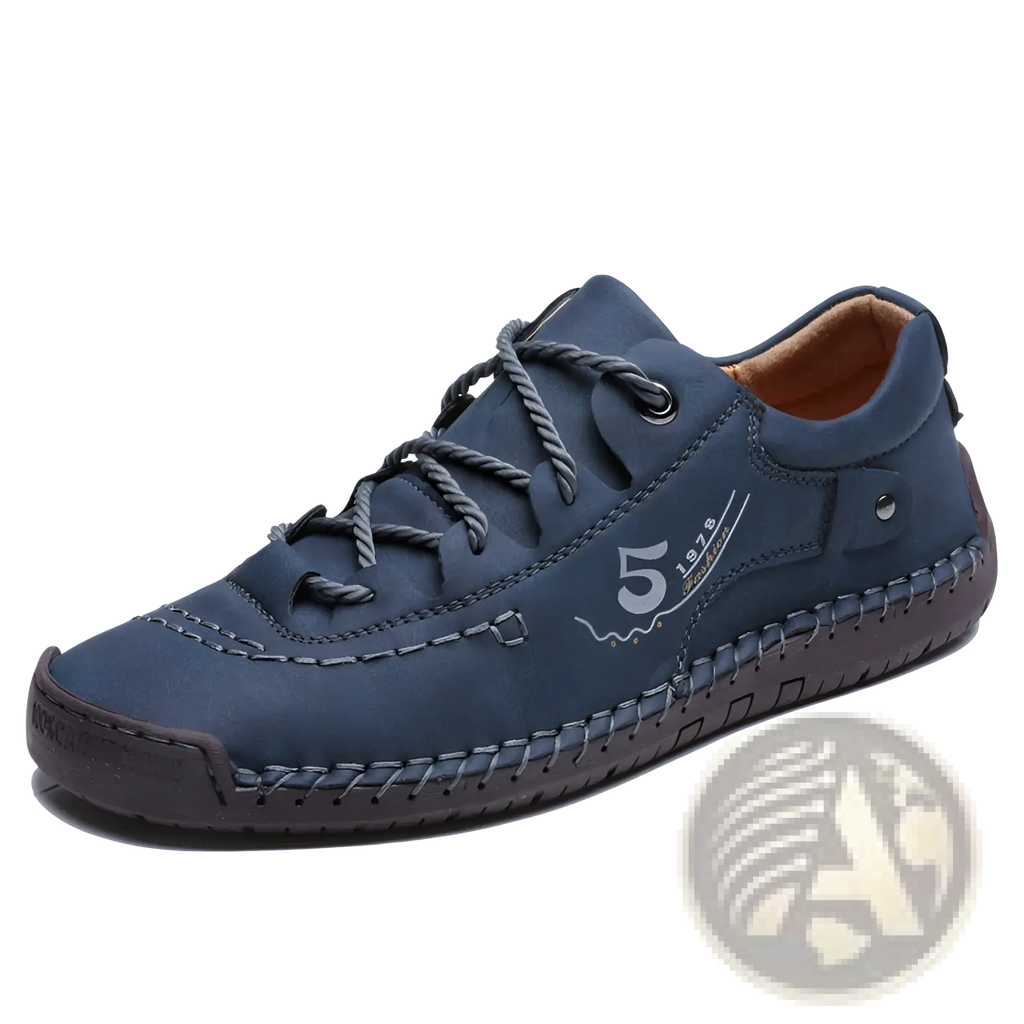 Men’s dark blue leather casual lace-up British shoe with gray laces and a stitched toe cap