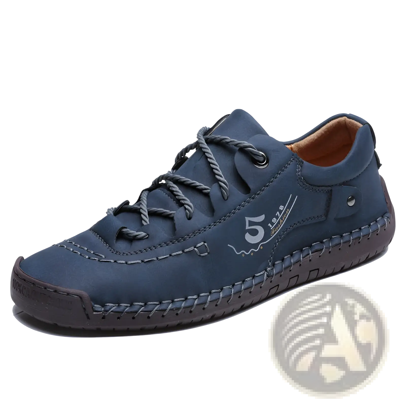 Men’s dark blue leather casual lace-up British shoe with gray laces and a stitched toe cap