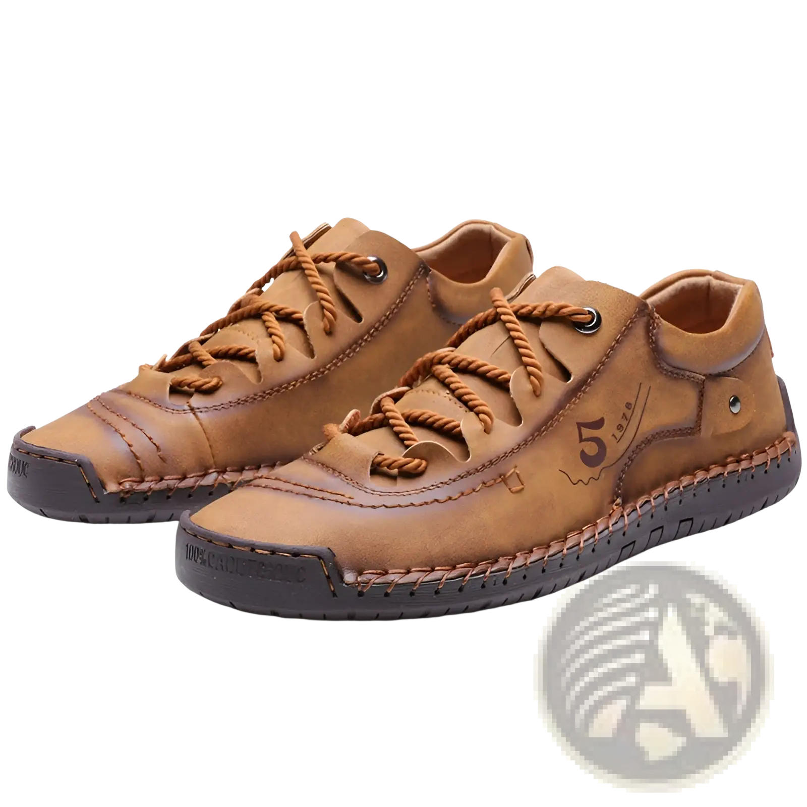 Men’s leather casual lace up British shoes in tan with brown laces and a dark rubber sole viewed from the back