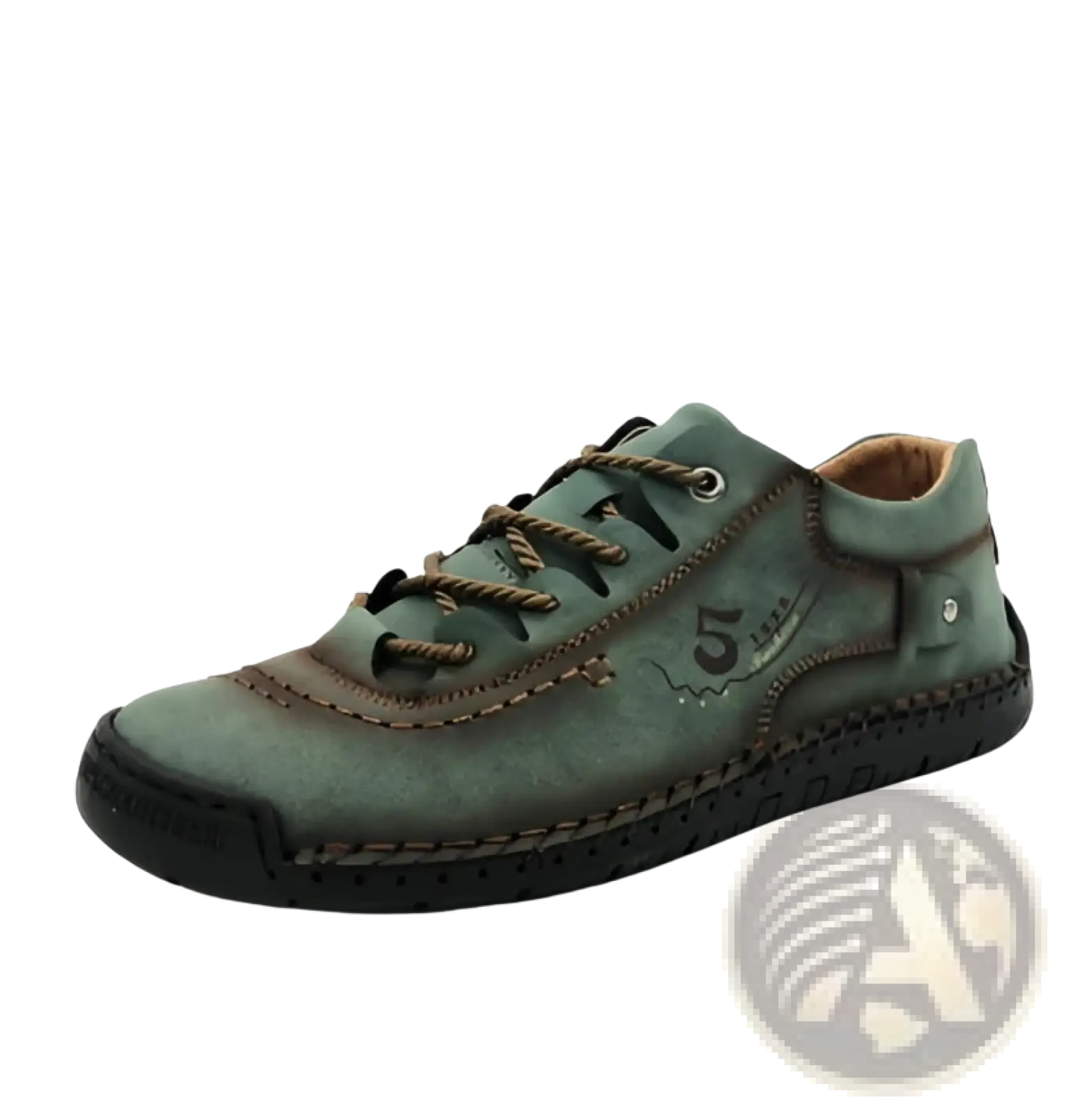 Men’s leather casual lace up British shoe in green with brown laces and black rubber sole for everyday wear