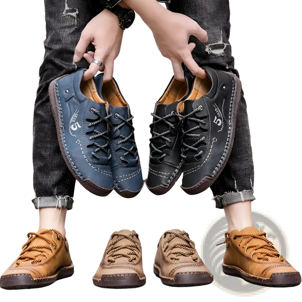 Men’s leather casual lace up British shoes in dark blue and black with visible stitching and rugged sole design