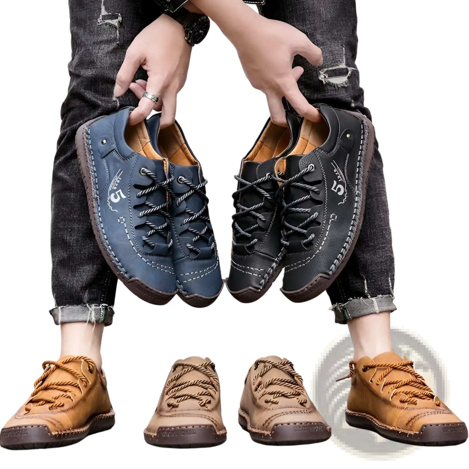 Men’s leather casual lace up British shoes in dark blue and black with visible stitching and rugged sole design