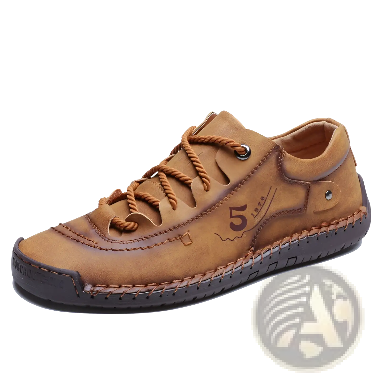 Men’s leather casual lace up British shoe in tan suede with brown braided laces and dark brown rubber sole