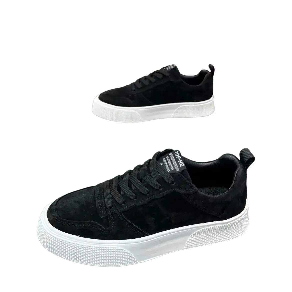 Men’s leather casual low top sneakers in black suede with white textured rubber sole and black laces