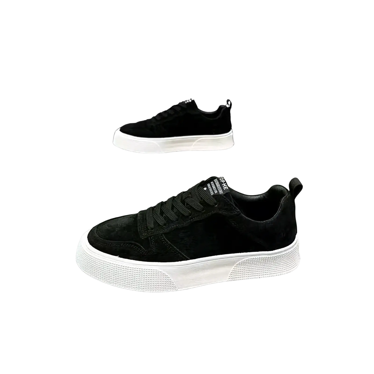 Men’s leather casual low top sneakers in black suede with a thick white rubber sole for everyday wear