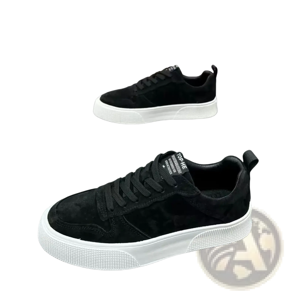 Men’s leather casual low top sneakers in black suede with white textured rubber sole and black laces