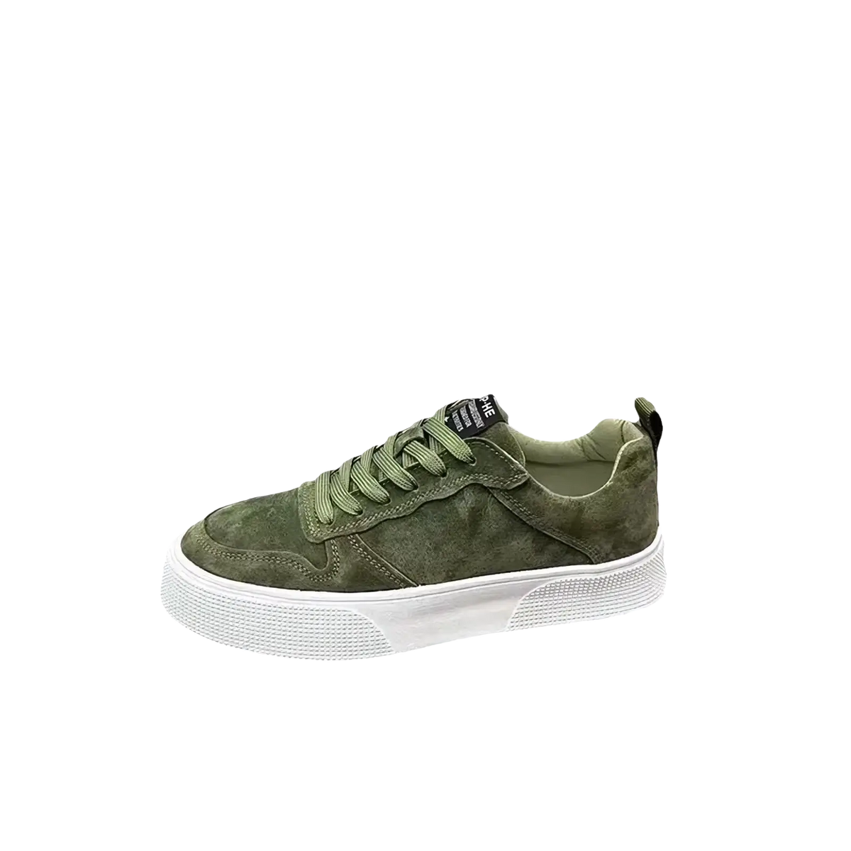 Men’s leather casual low top sneaker in olive green suede with white rubber sole and matching laces