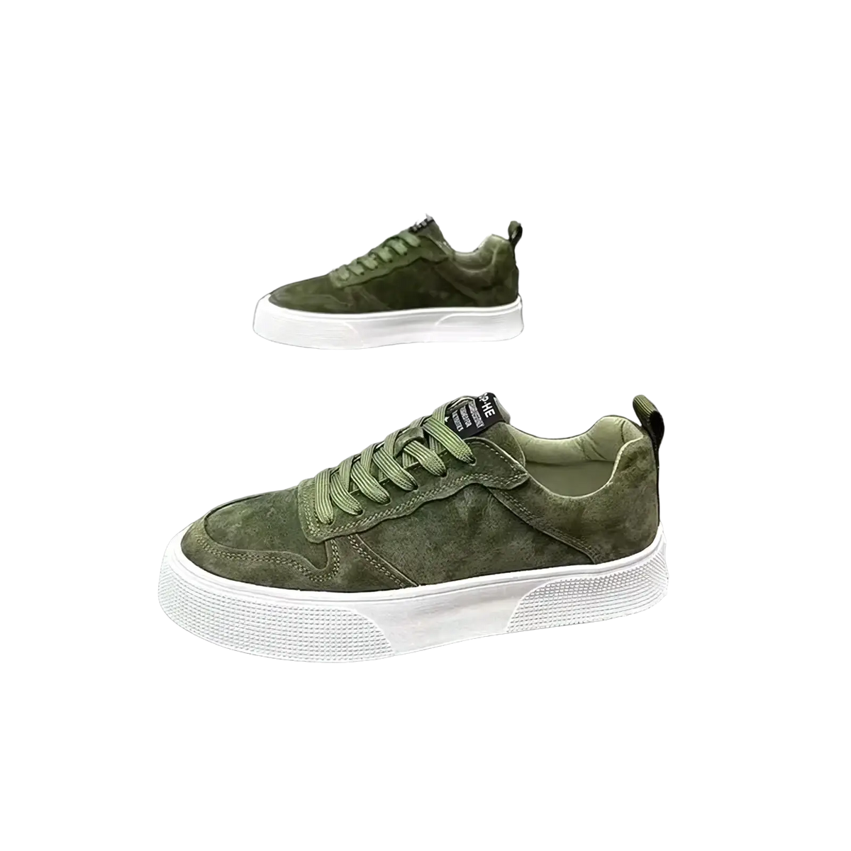 Men’s leather casual low top sneakers in olive green suede with white rubber sole and matching laces