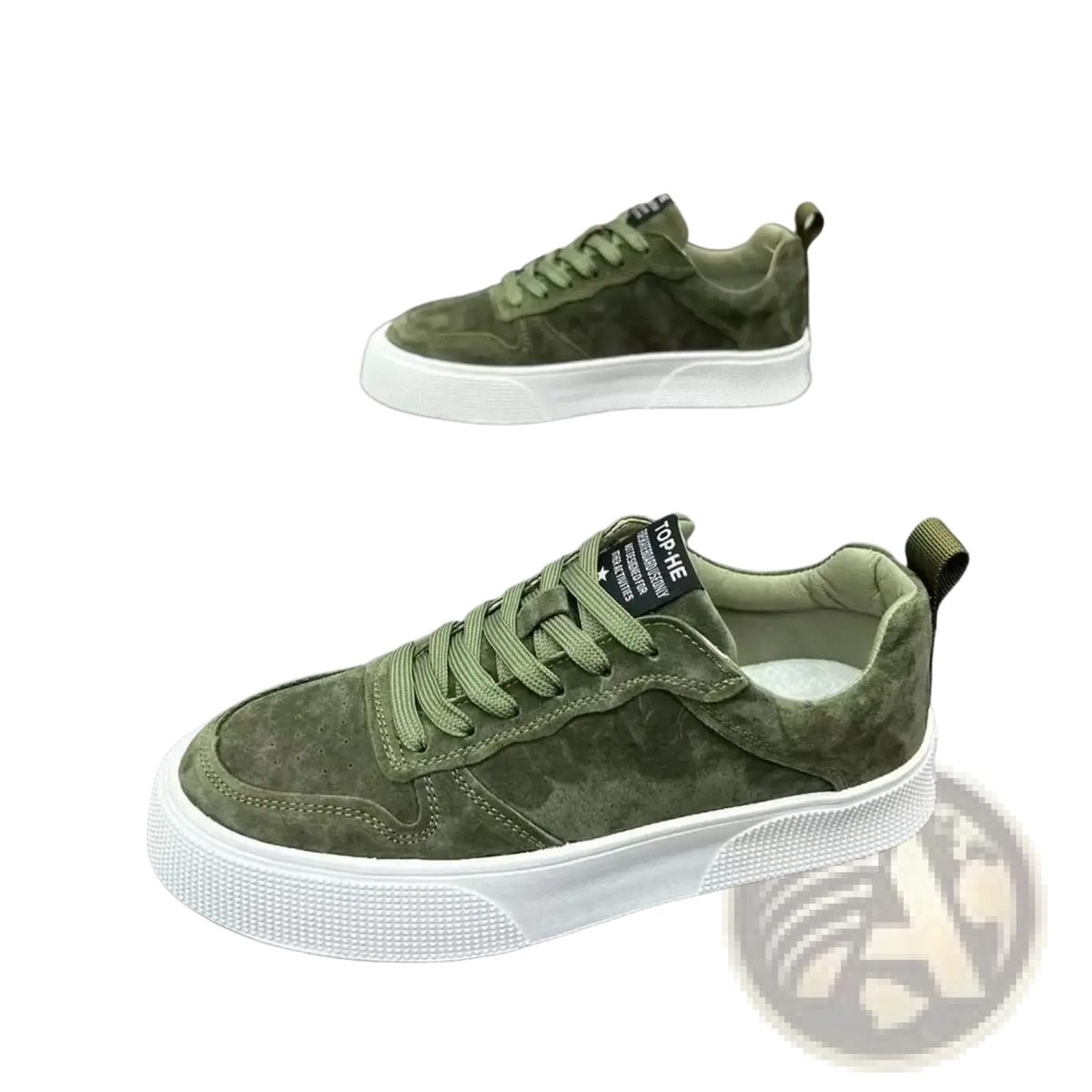 Men’s leather casual low top sneakers in olive green suede with white textured rubber sole and matching laces