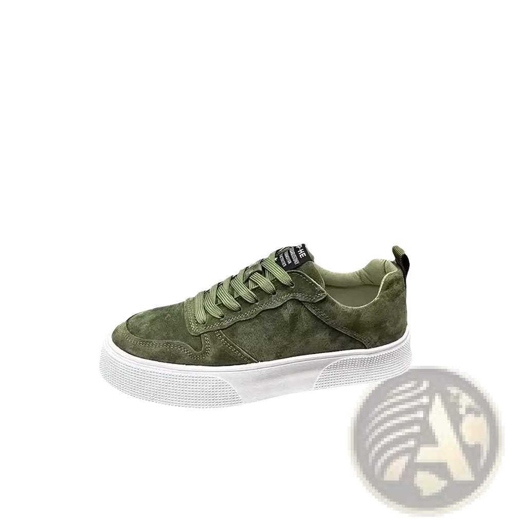 Men’s leather casual low top sneaker in olive green suede with white rubber sole and matching laces