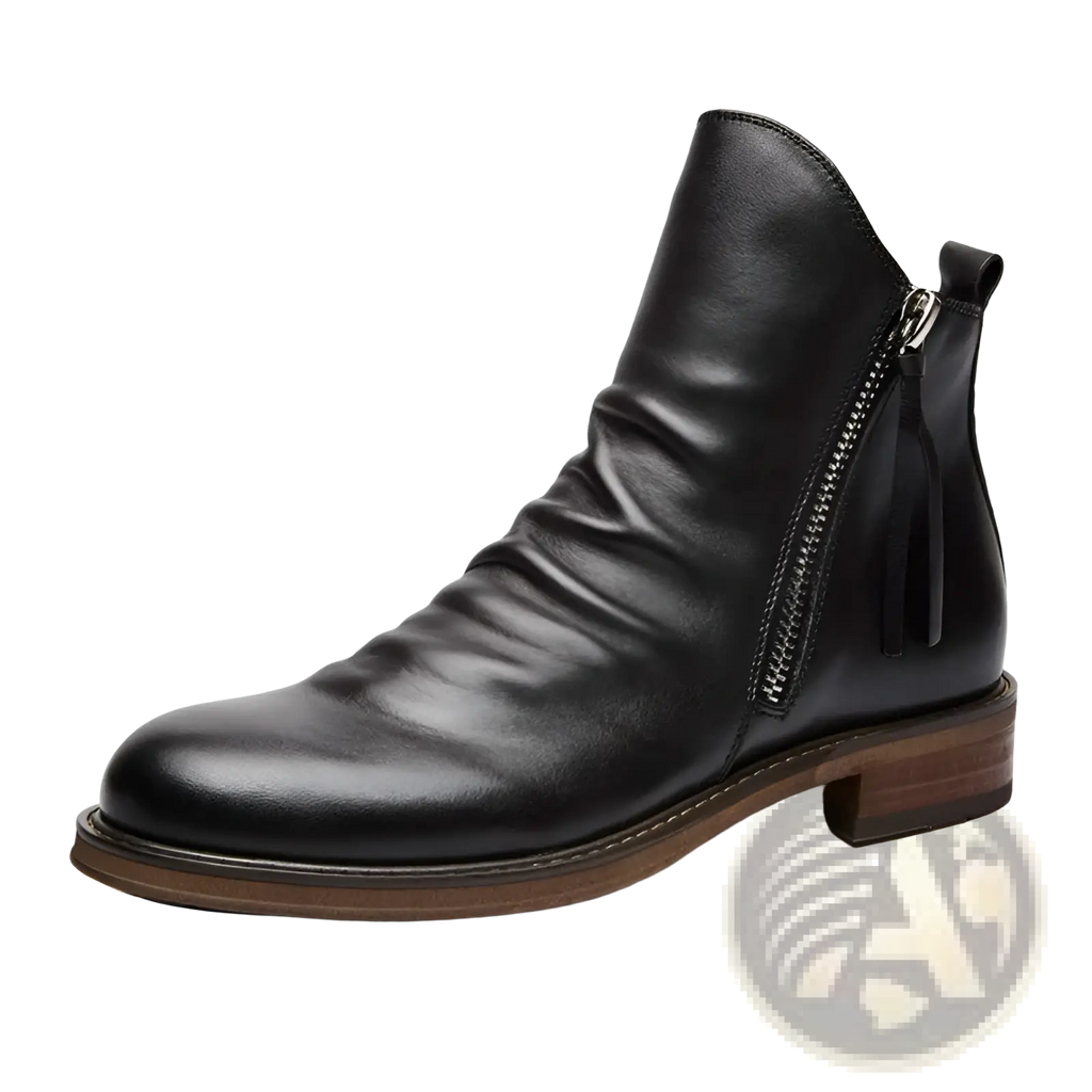 Men’s black leather ankle Chelsea boot with side zipper and small tassel heel detail visible from the side