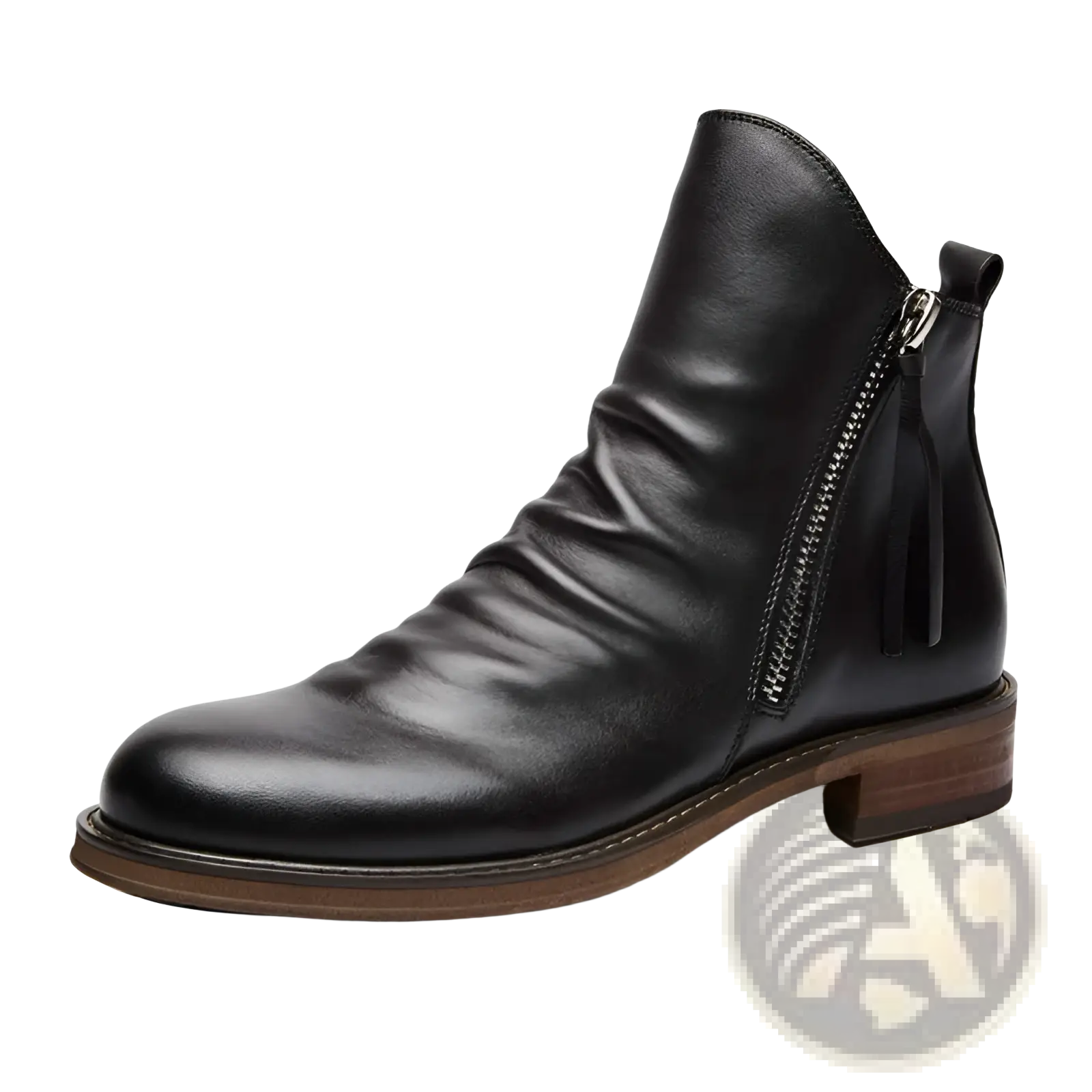 Men’s black leather ankle Chelsea boot with side zipper and small tassel heel detail visible from the side