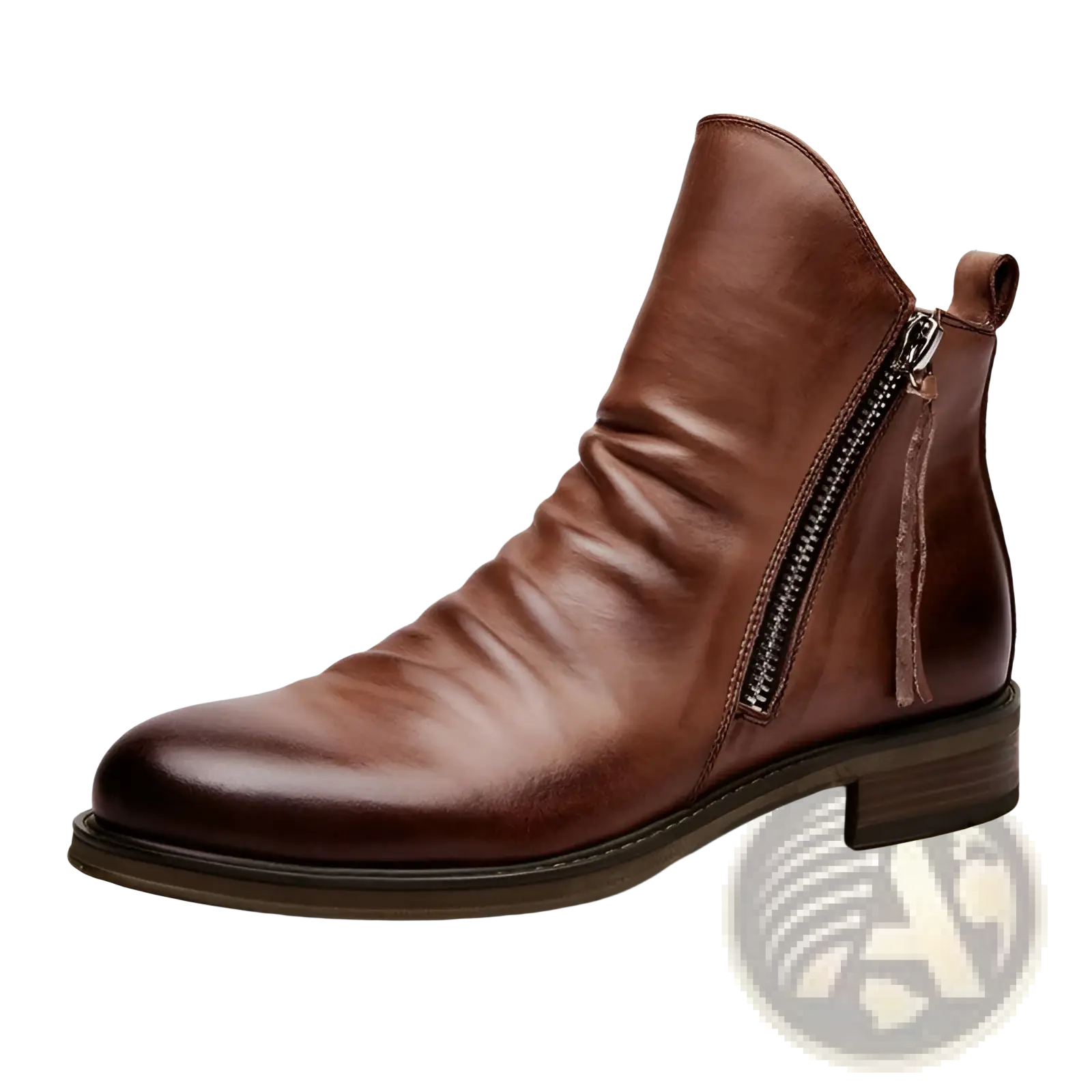 Brown leather men’s Chelsea ankle boot with side zipper and slight heel for formal and casual wear