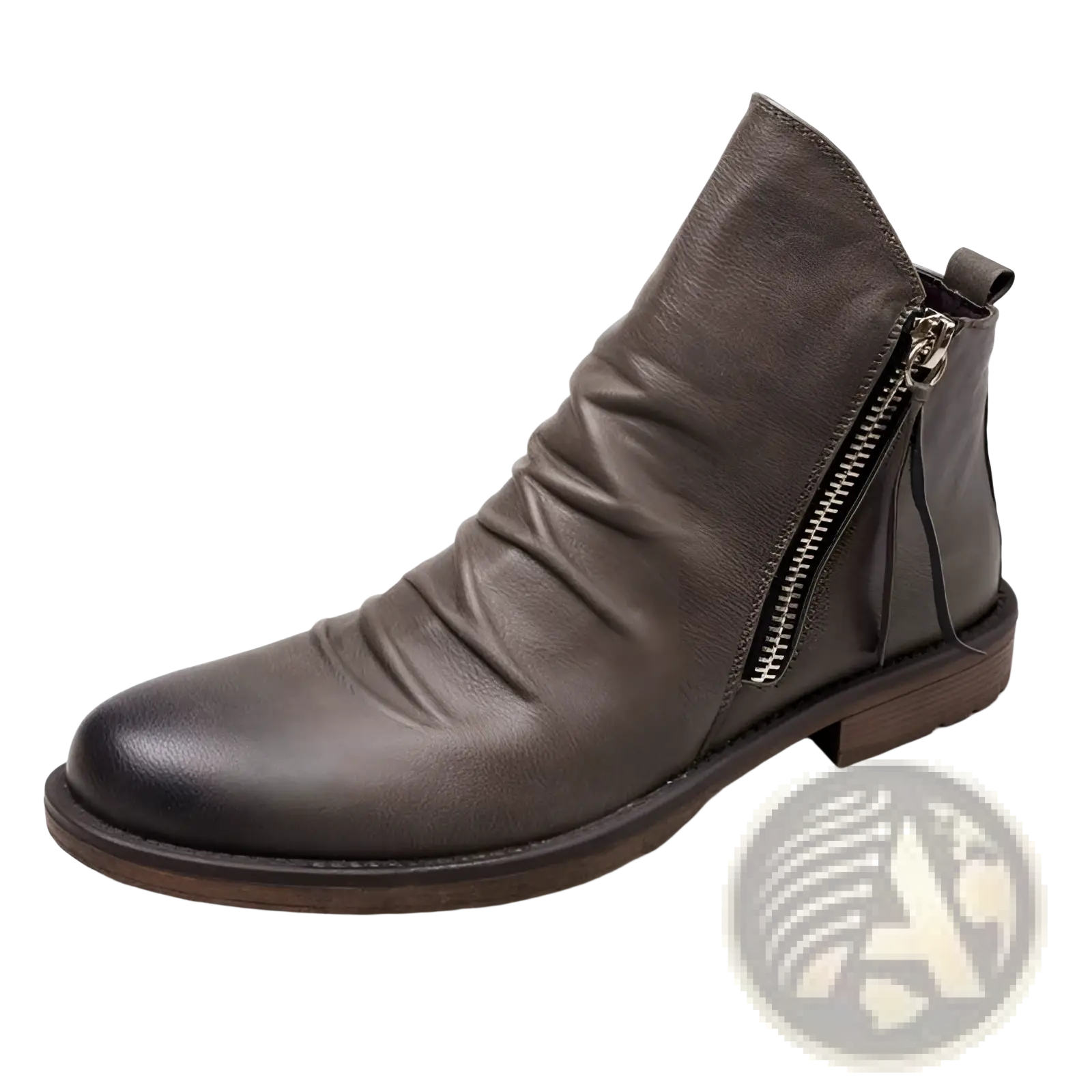 Men’s dark gray leather Chelsea ankle boots with side zipper and slightly wrinkled texture heel view