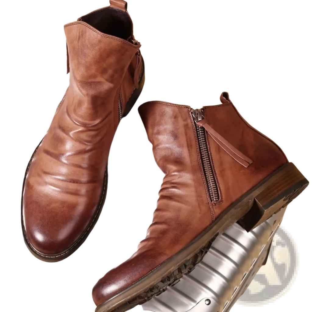 Men’s brown leather Chelsea boots with side zipper and vintage finish designed as ankle boots