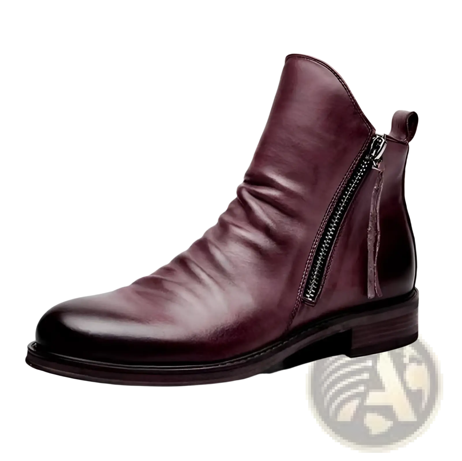 Men’s leather Chelsea boots in rich burgundy with a sleek distressed finish and black side zipper heel detail