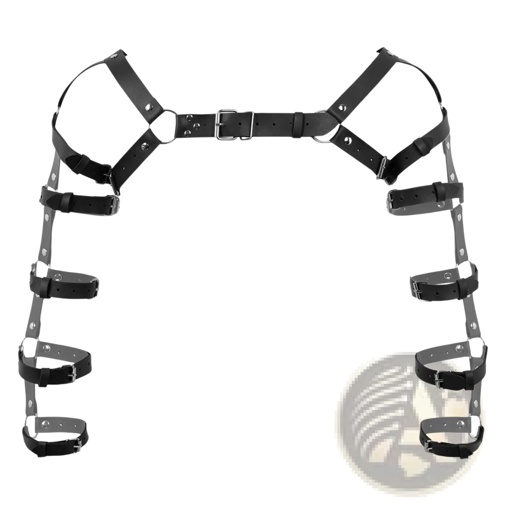 Men’s black leather chest harness with adjustable straps featuring silver-toned metal buckles and rings