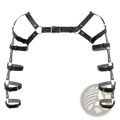 Men’s black leather chest harness with adjustable straps featuring silver-toned metal buckles and rings