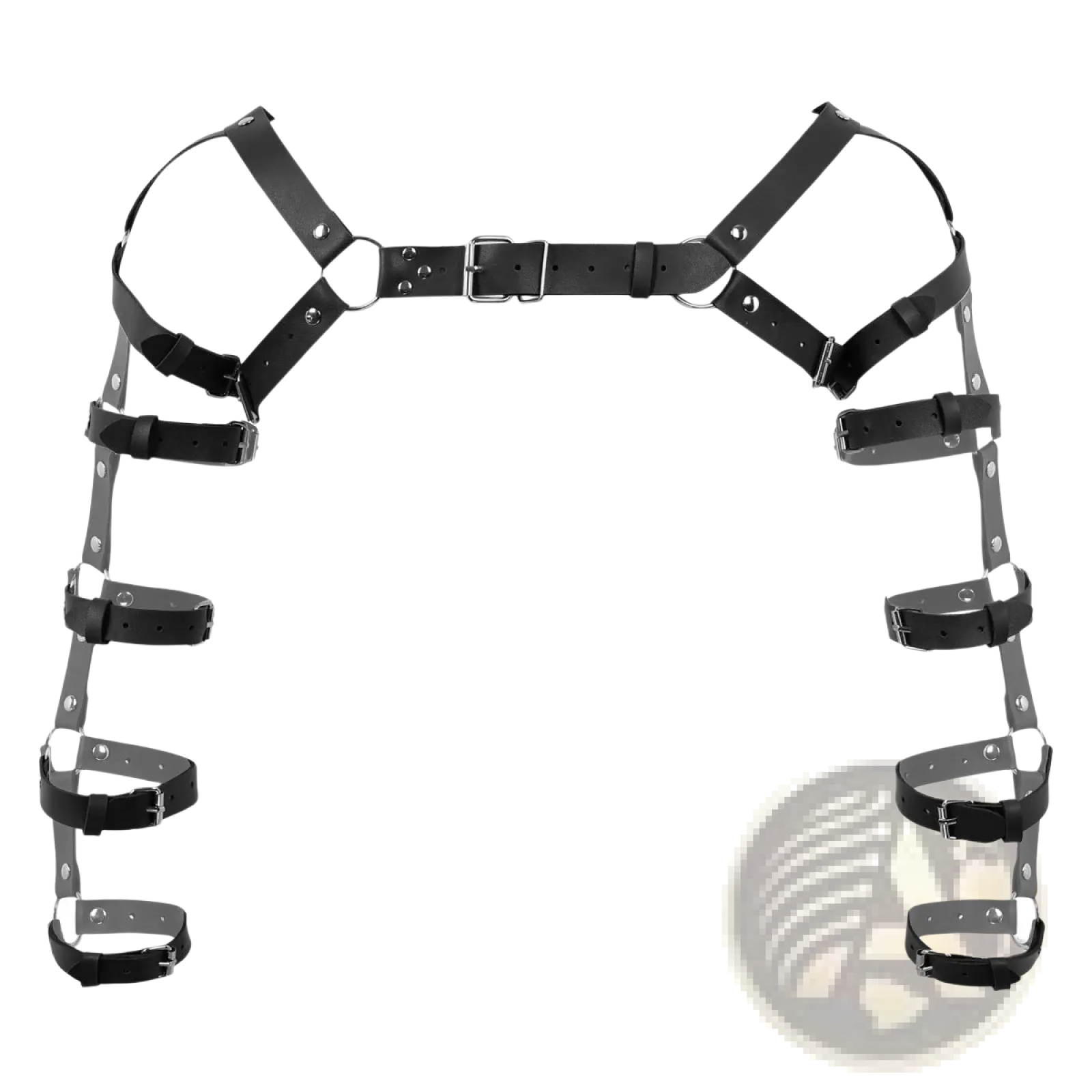 Men’s black leather chest harness with adjustable straps featuring silver-toned metal buckles and rings