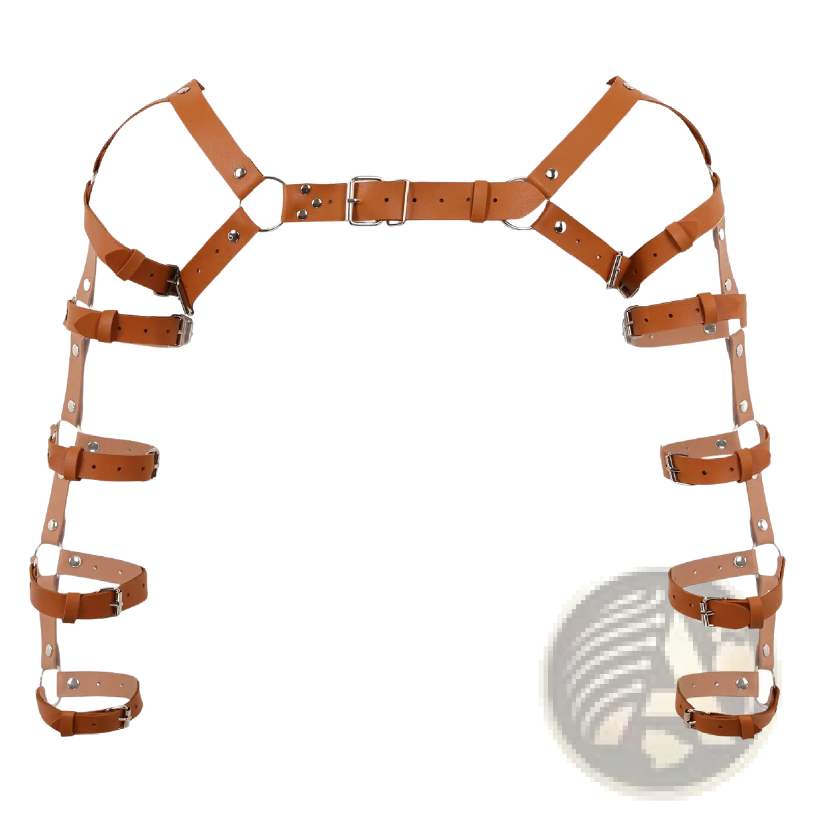 Men’s leather chest harness in tan with silver-toned metal buckles and studs featuring adjustable straps
