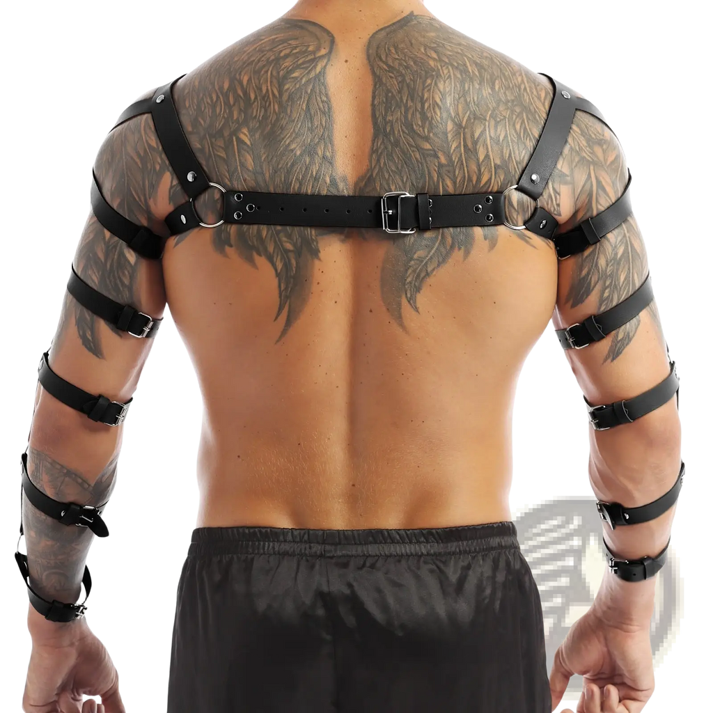 Men’s black leather chest harness with adjustable straps and metal buckles for a secure fit