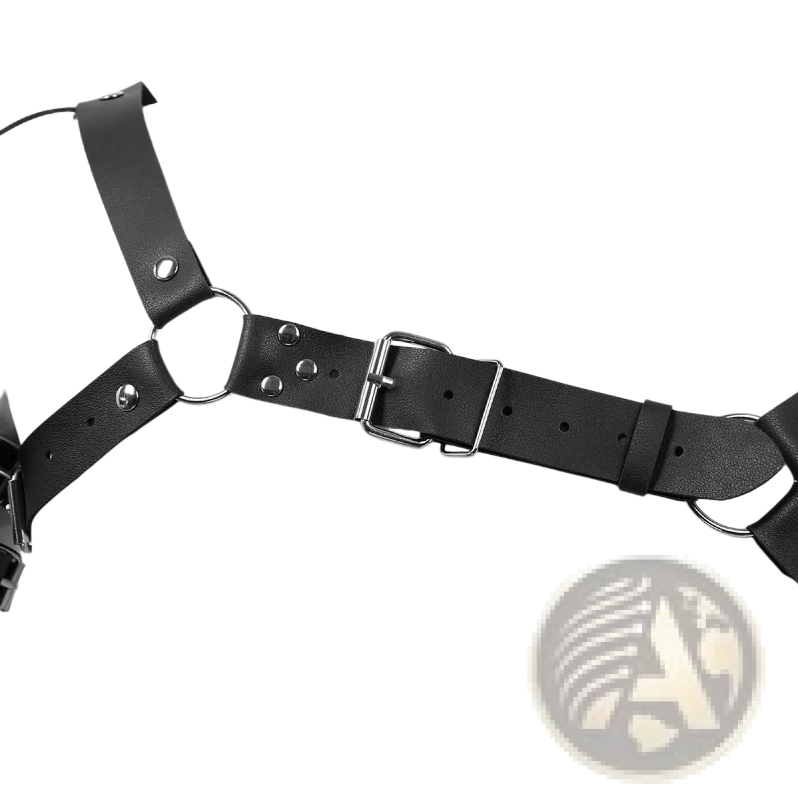 Men’s black leather chest harness with adjustable straps featuring silver-toned metal rings and buckle