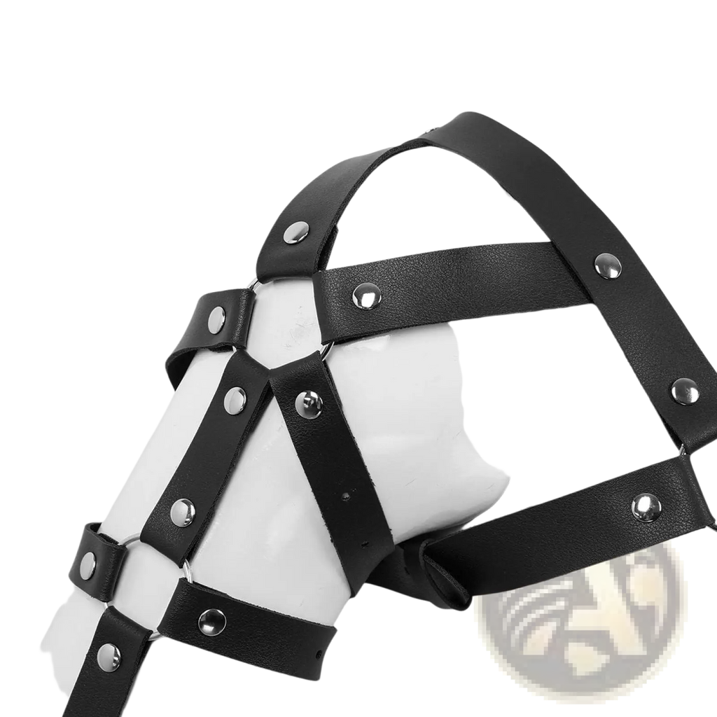 Men’s black leather chest harness with adjustable straps featuring silver-toned metal studs and rings
