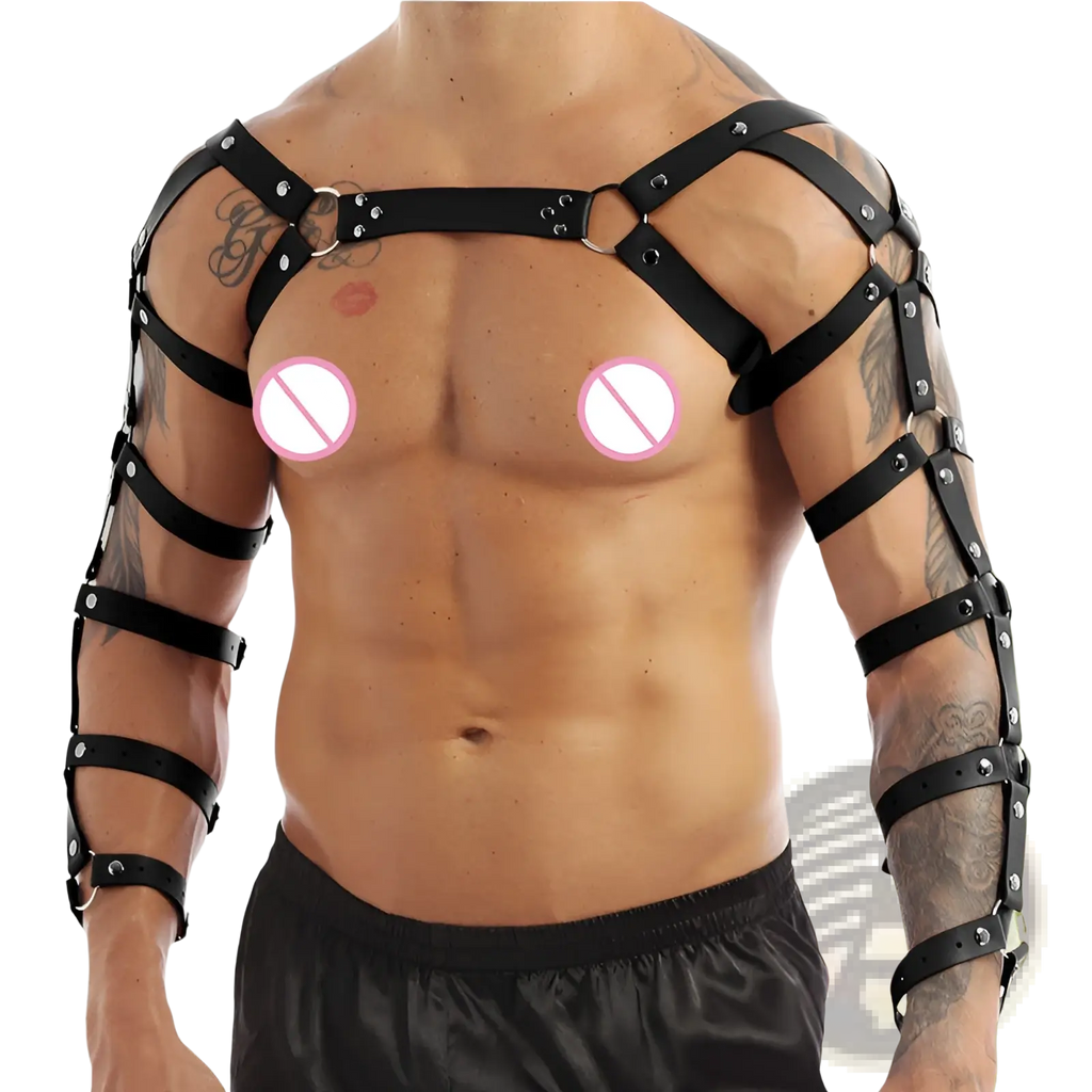 Men’s black leather chest harness with silver-toned metal hardware and adjustable straps for a custom fit