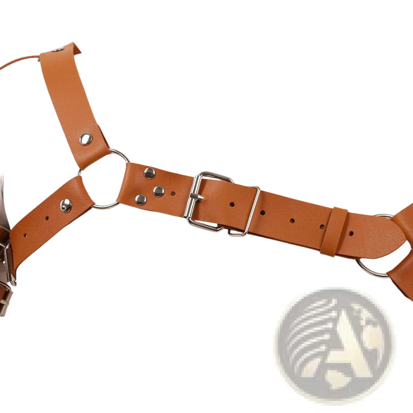 Men’s leather chest harness in tan with silver-toned metal hardware and adjustable buckle strap detailing