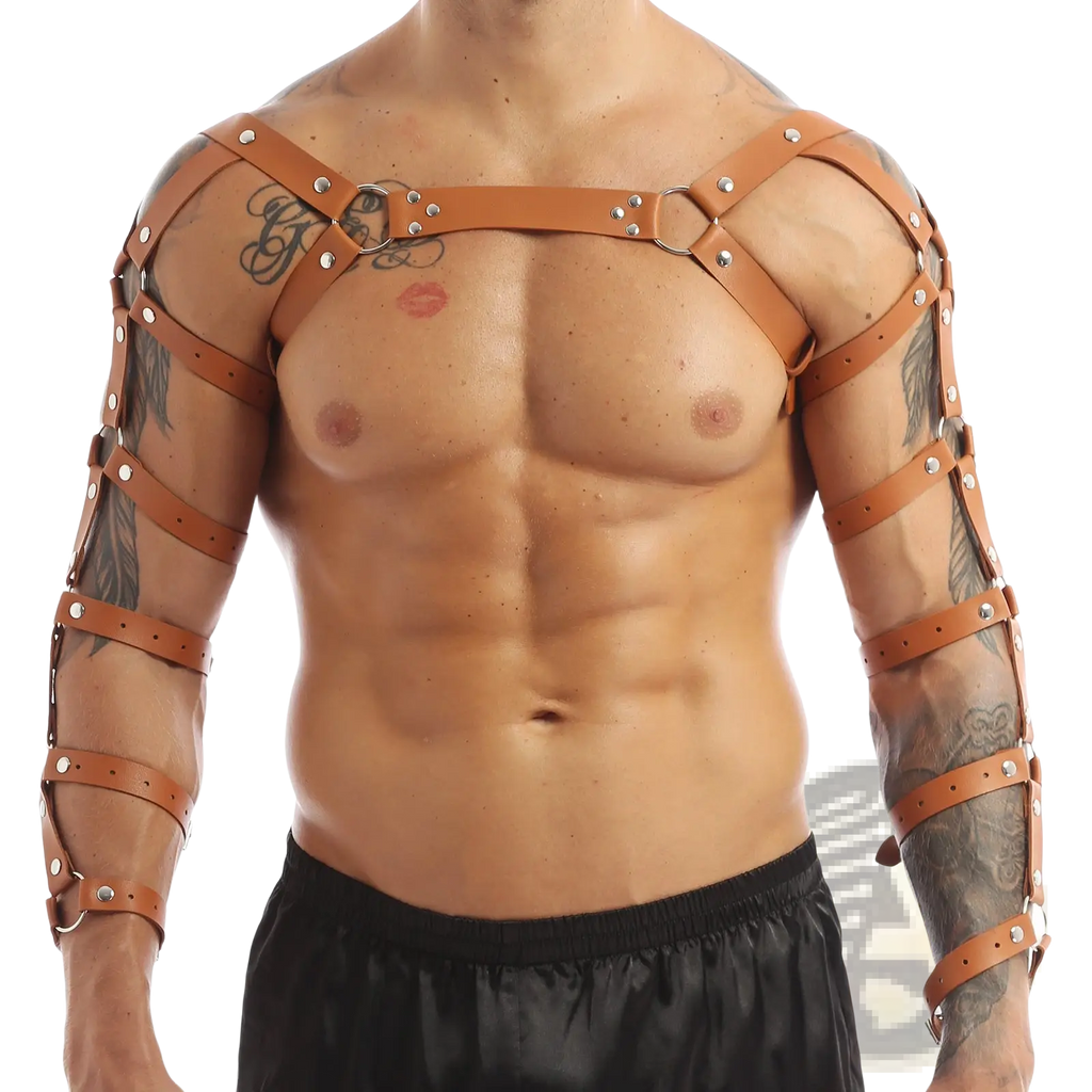 Men’s leather chest harness in tan with adjustable straps and silver-toned metal hardware
