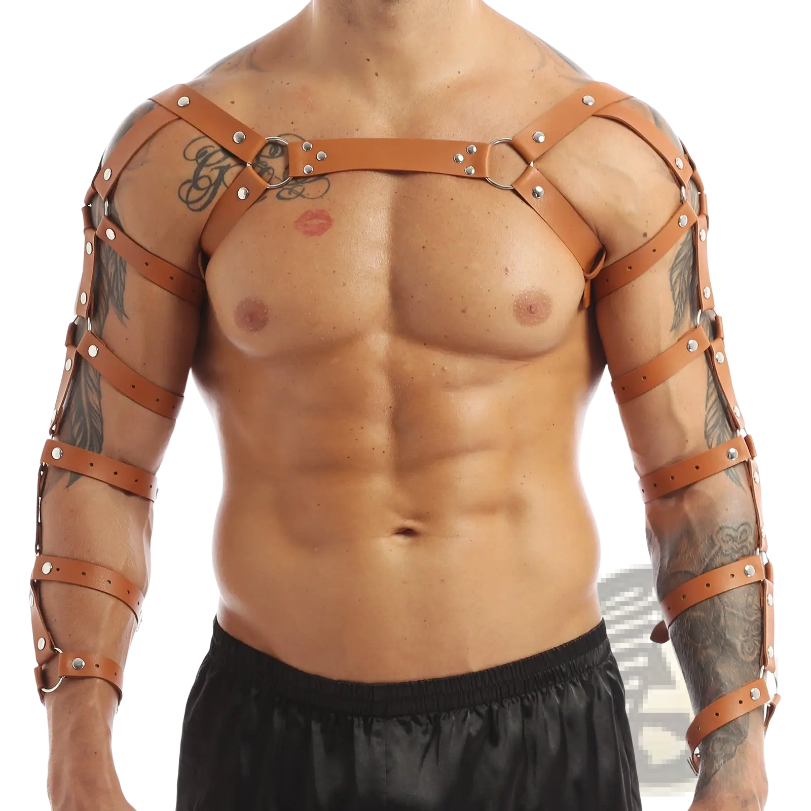 Men’s leather chest harness in tan with adjustable straps and silver-toned metal hardware