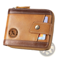 Tan leather men’s coin purse wallet with brown trim, circular lion emblem, card slots, and zipper closure
