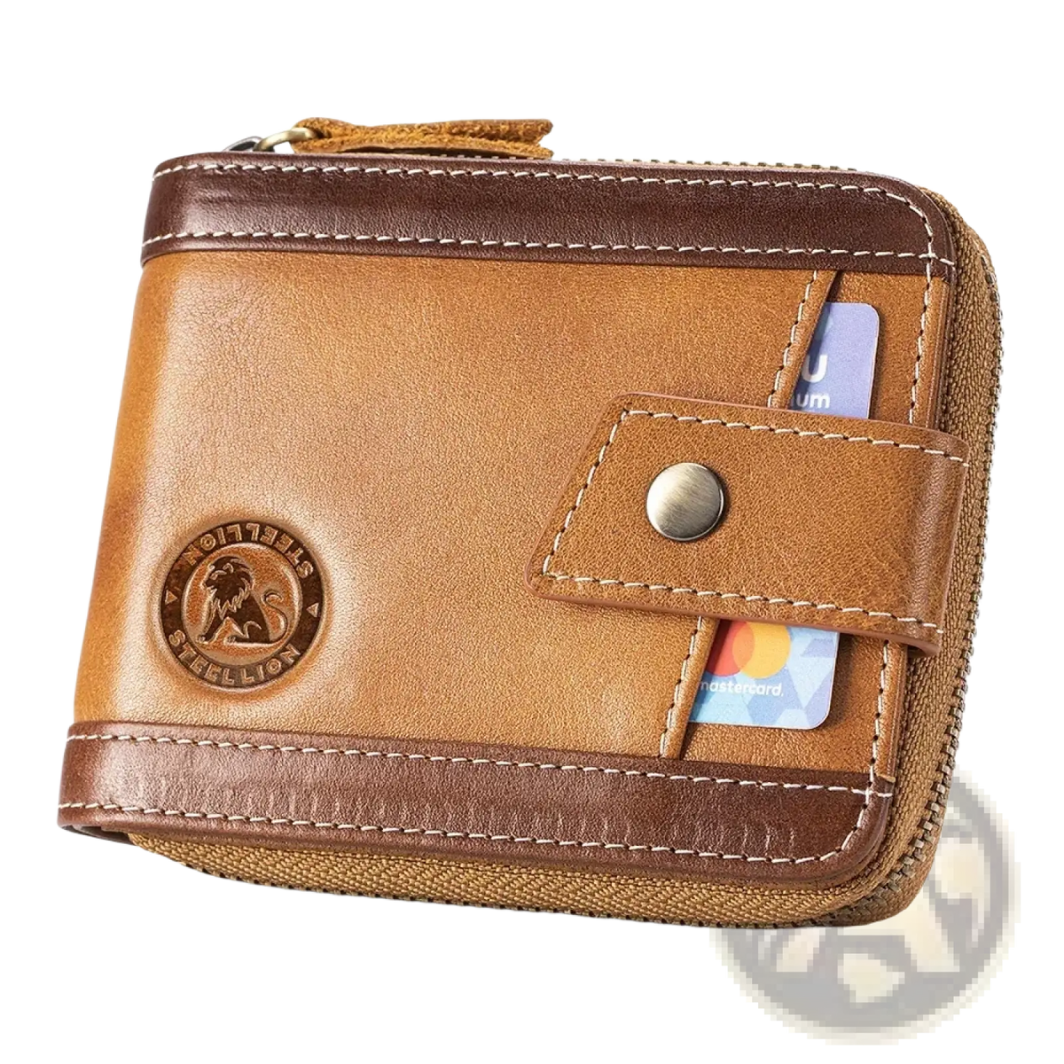 Tan leather men’s coin purse wallet with brown trim, circular lion emblem, card slots, and zipper closure