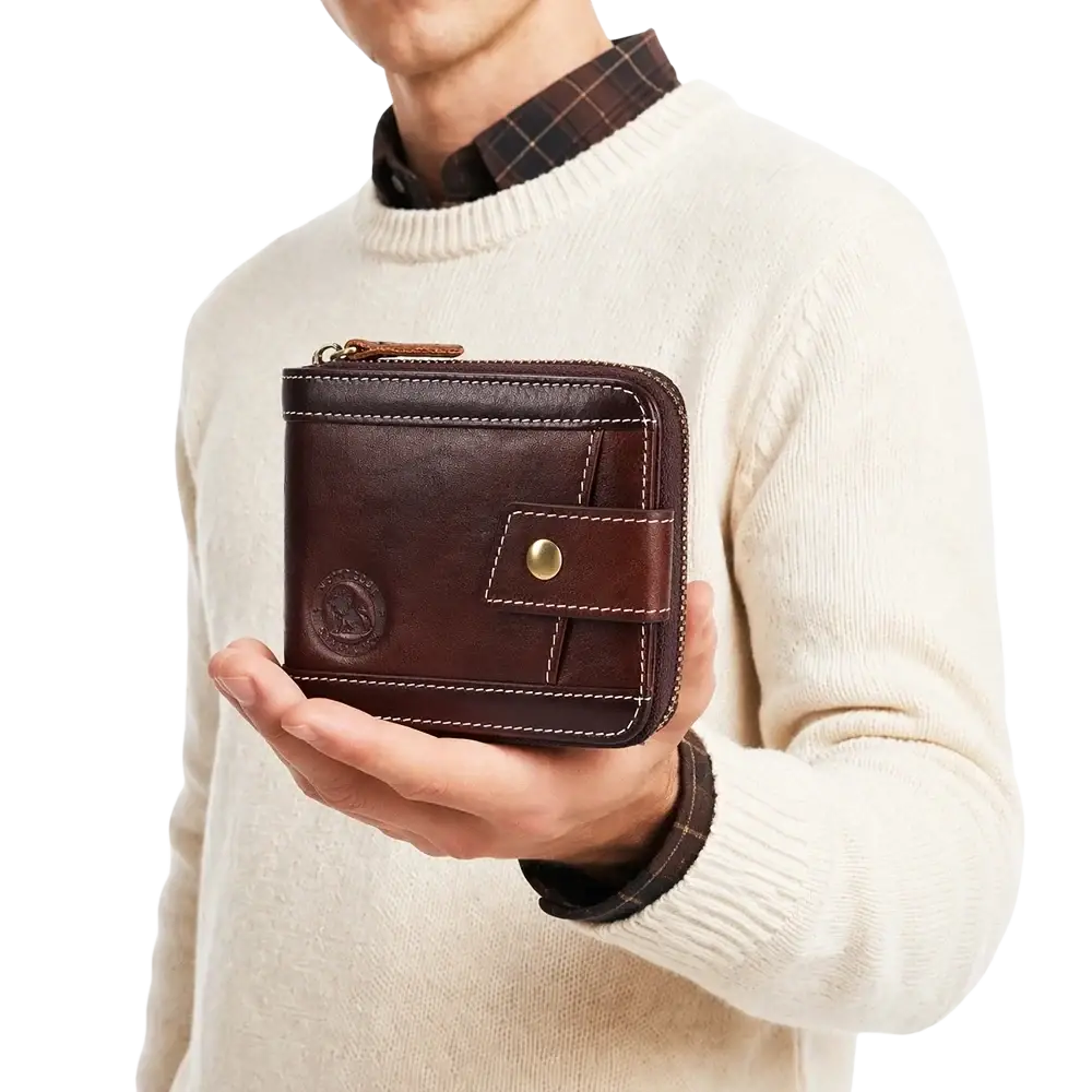 Men’s leather coin purse wallet in brown with zipper closure and brass-toned snap button detail