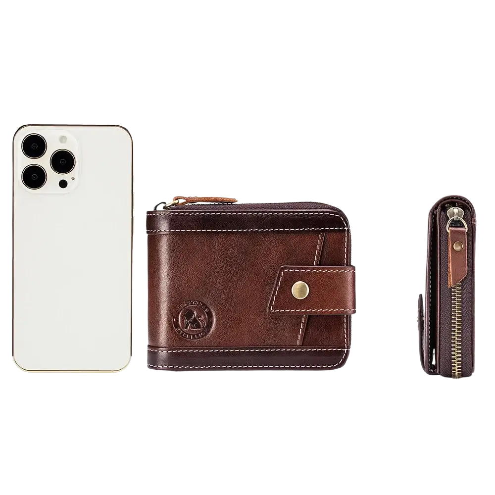 Men’s leather coin purse wallet in brown with gold-tone zipper button closure and embossed logo on front