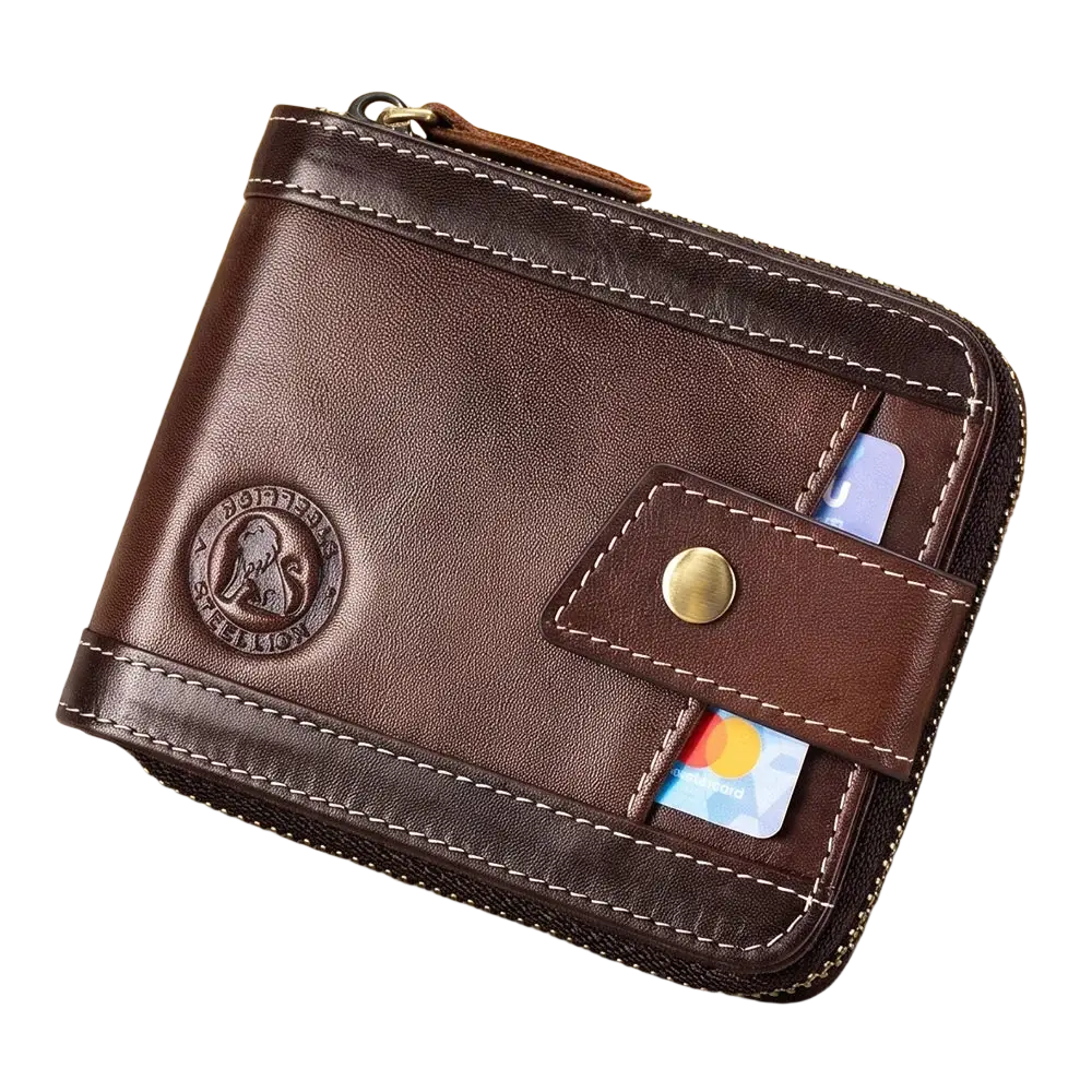 Men’s leather coin purse wallet in brown with white stitching brass button closure and embossed logo on the front