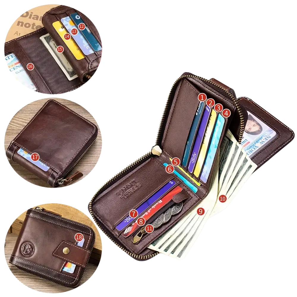 Men’s leather coin purse wallet in brown with multiple card slots, zipper coin pocket, and brass button flap closure