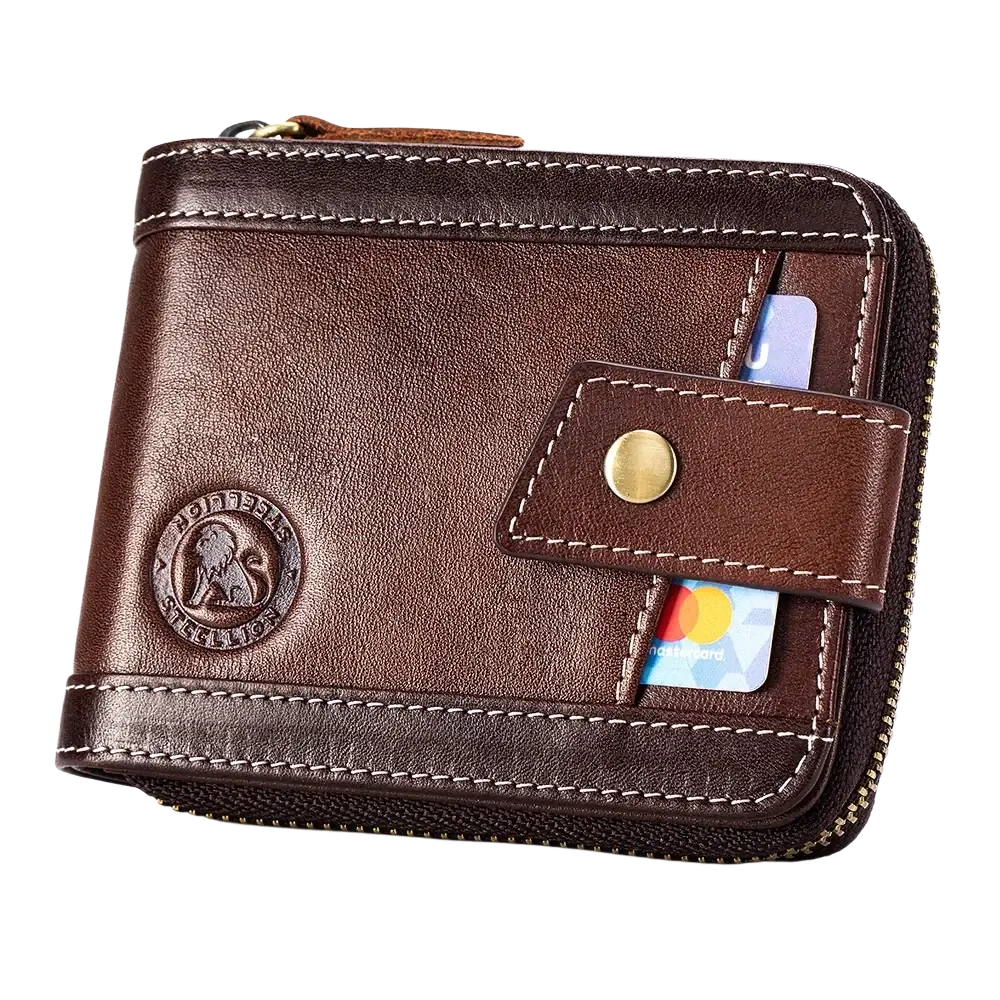 Men’s leather coin purse wallet in brown with white stitching brass button closure and embossed lion logo on front