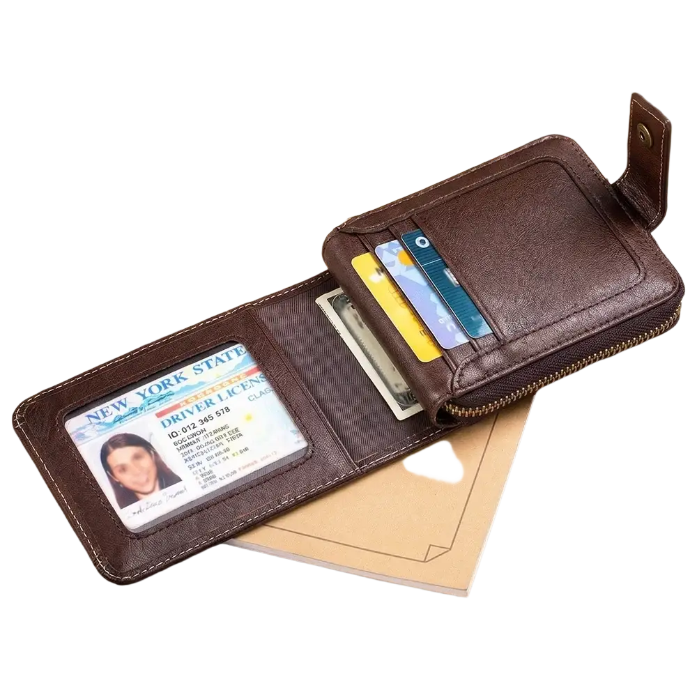 Men’s leather coin purse wallet brown genuine leather with zippered closure and id photo window for card storage