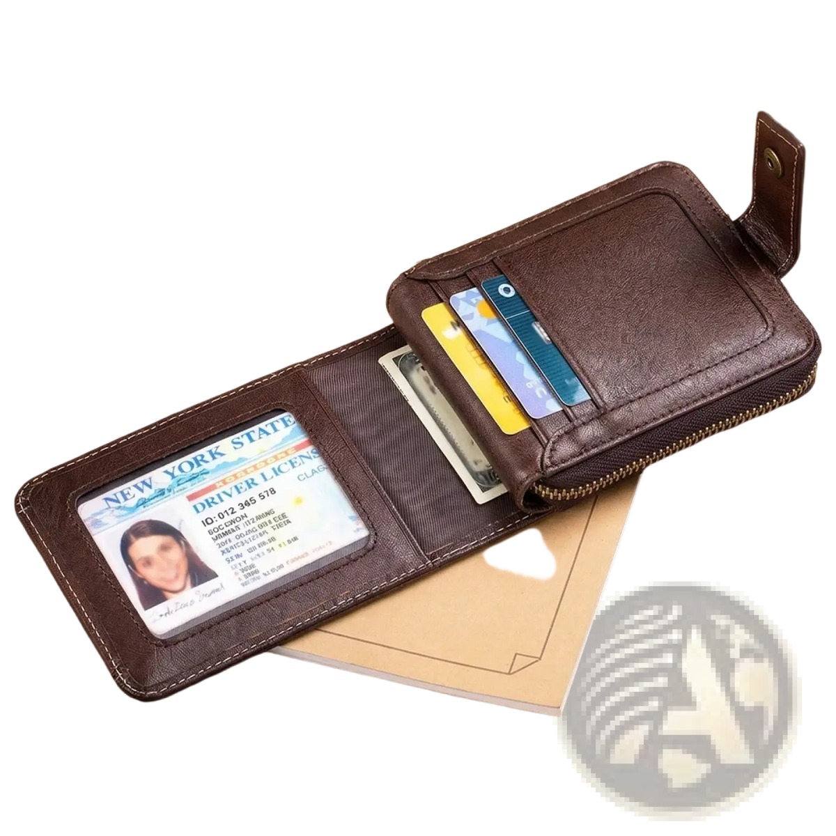 Men’s leather coin purse wallet brown genuine leather with zippered closure and id photo window for card storage