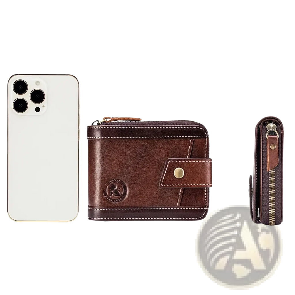 Men’s leather coin purse wallet in brown with gold-tone zipper button closure and embossed logo on front